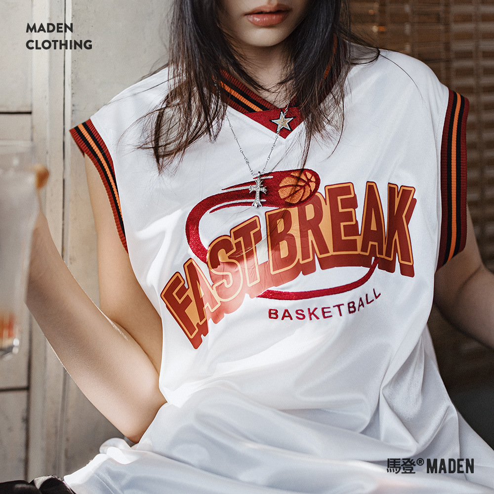 夏日高街運動寬鬆籃球服復古撞色T恤無袖慵懶球衣坎肩背心女