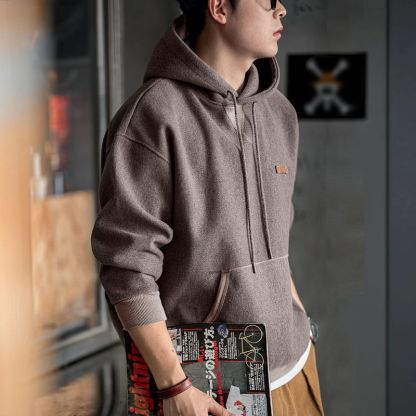 美式復古毛呢連帽衛衣重磅加厚套頭帽衫休閒上衣男秋冬季-Retro's Wear