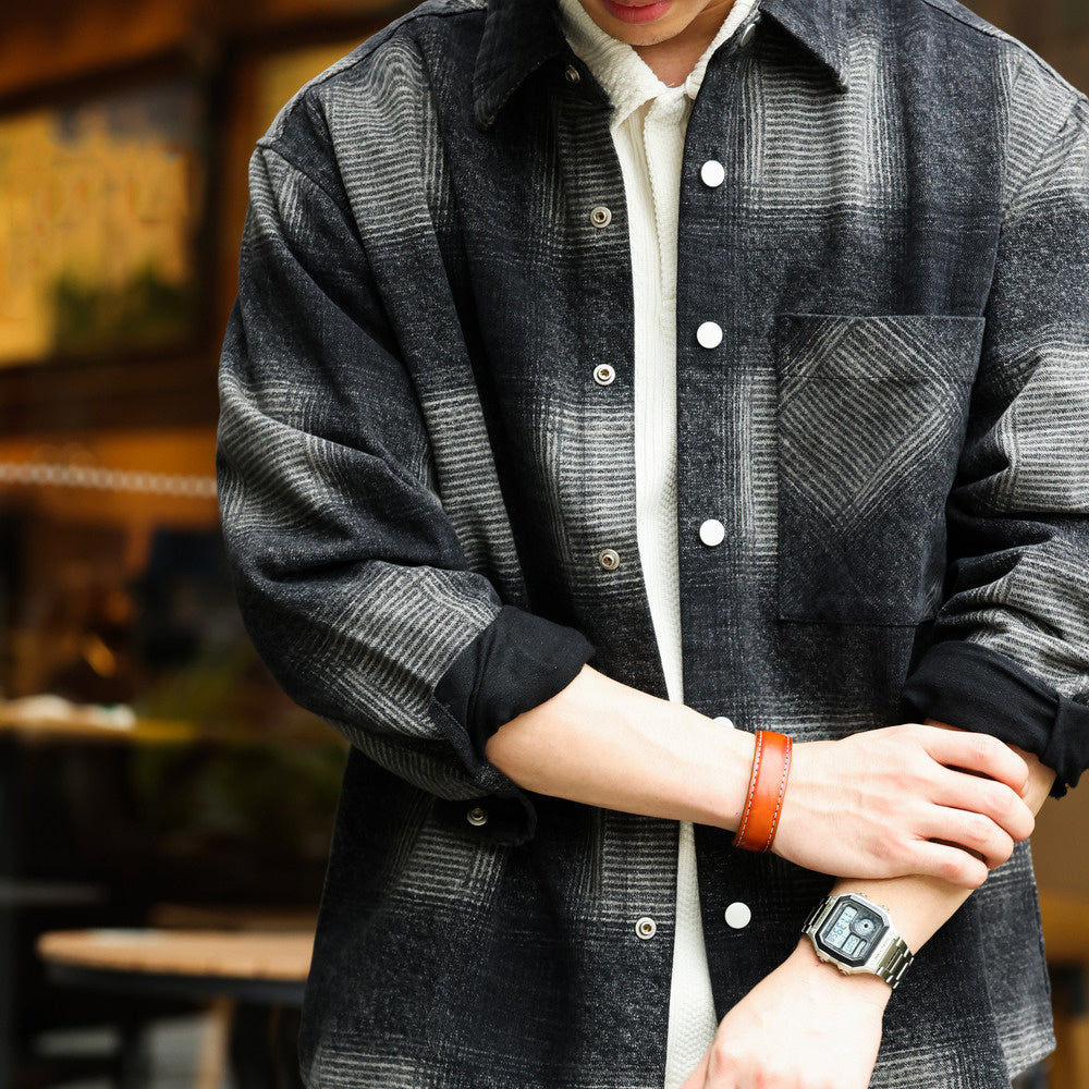 日系復古奇卡諾長袖仿毛呢襯衫男暈染撞色格紋磨毛寸衫外套-Retro's Wear