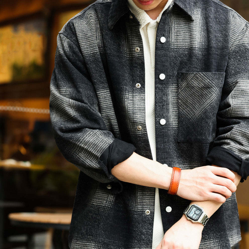 日系復古奇卡諾長袖仿毛呢襯衫男暈染撞色格紋磨毛寸衫外套-Retro's Wear