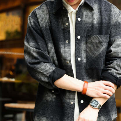 日系復古奇卡諾長袖仿毛呢襯衫男暈染撞色格紋磨毛寸衫外套-Retro's Wear
