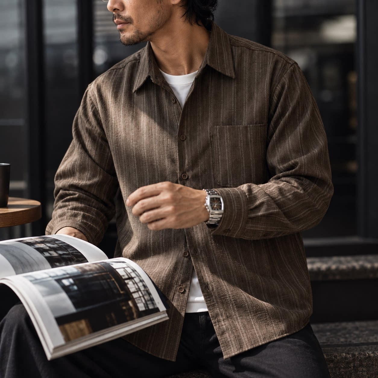 色織豎條紋襯衣男秋季寬鬆復古單貼袋翻領長袖襯衫