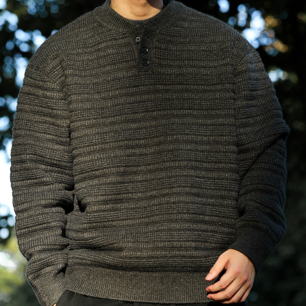 美式慵懶風亨利領針織毛衣男850g重磅復古肌理感上衣-Retro's Wear