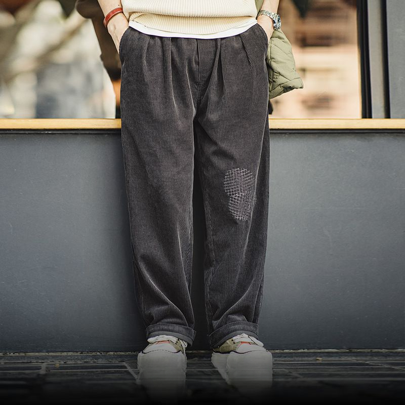 美式復古燈芯絨補丁休閒褲vintage寬鬆闊腿直筒褲男秋季-Retro's Wear