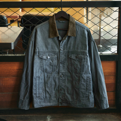 底特律復古軍綠色水洗牛仔外套男2025秋季新款撞色翻領工裝夾克