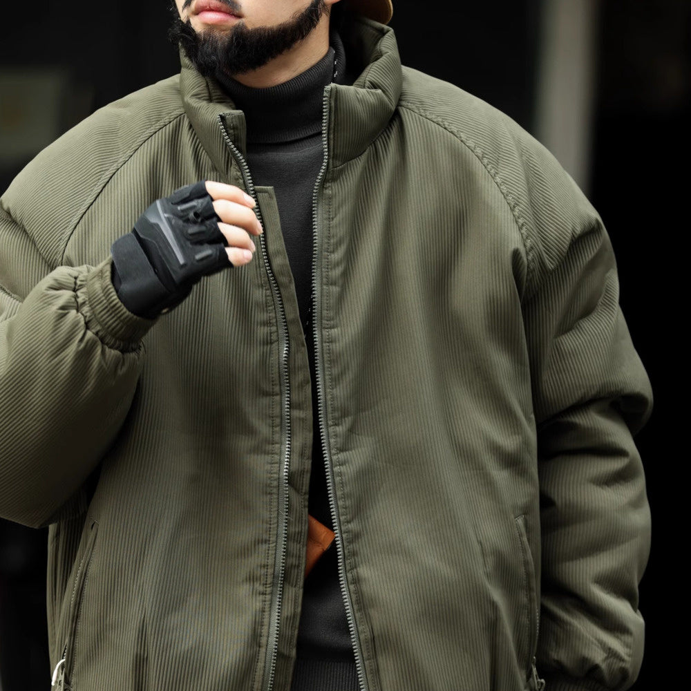 日系復古絨條加厚棉衣男士秋冬款立領設計保暖工裝棉服外套-Retro's Wear