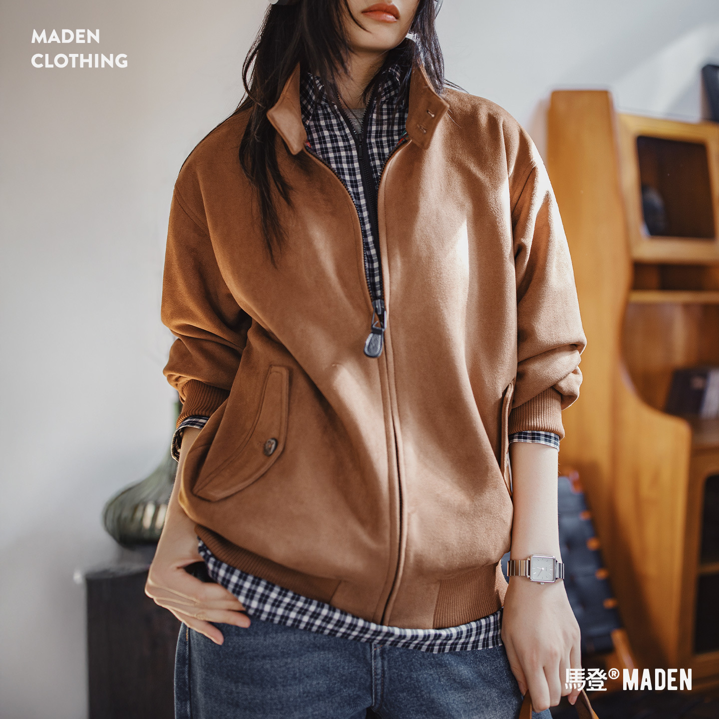 美拉德復古麂皮絨面寬鬆肌理感外套立領哈靈頓夾克女士秋