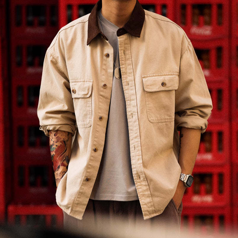 美式復古底特律襯衫外套男280g賽絡紡純棉撞色翻領長袖襯衣-Retro's Wear