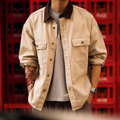 美式復古底特律襯衫外套男280g賽絡紡純棉撞色翻領長袖襯衣-Retro's Wear