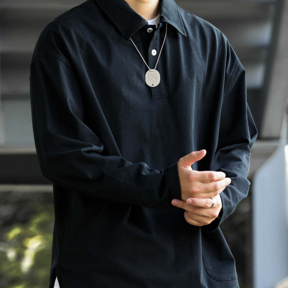 美式休閒口袋翻領長袖POLO衫男弧形下擺戶外運動疊穿工裝T恤-Retro's Wear