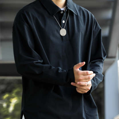 美式休閒口袋翻領長袖POLO衫男弧形下擺戶外運動疊穿工裝T恤-Retro's Wear