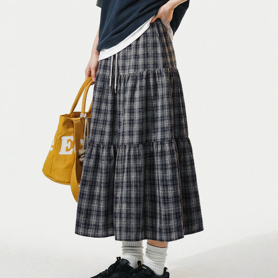 藍綠色復古鬆緊a字蛋糕裙日系百褶拼接格子紋半身長裙女士春