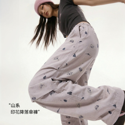 純棉薄款直筒闊腿山系傘兵褲鬆緊腰印花休閒工裝長褲子女士春