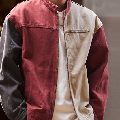 美式撞色哈靈頓拼色工裝夾克外套男款2025秋季重磅休閒獵裝