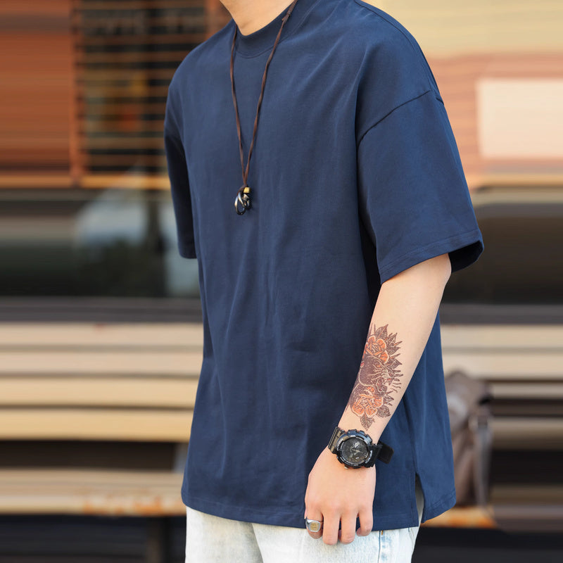 美式230g輕絨感小領口短袖T恤男寬鬆休閒抗皺大碼體恤夏