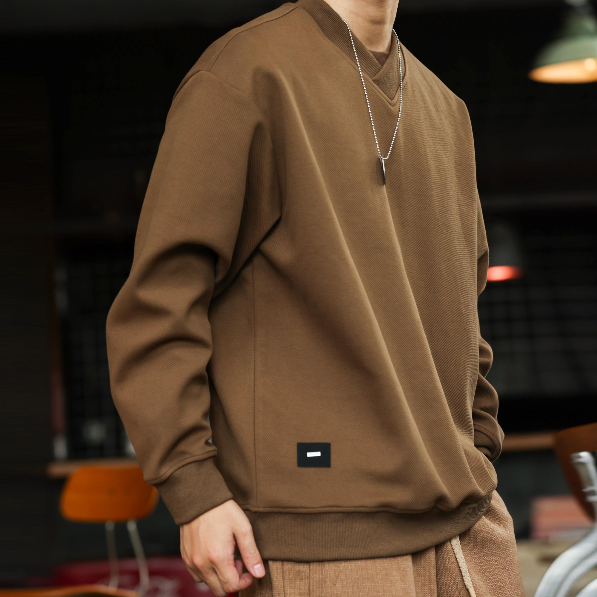 美式復古交疊小V領衛衣男380g斜紋肌理感休閒套頭上衣秋