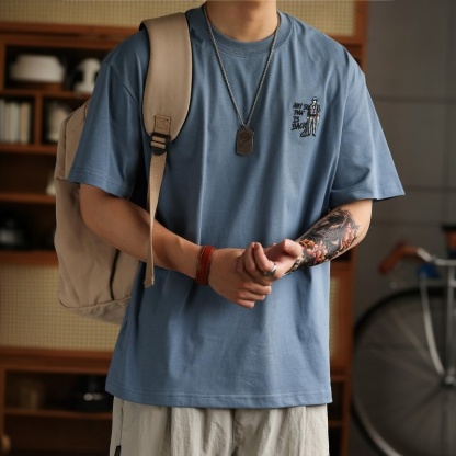 日系釣魚印花刺繡短袖T恤男士美式復古純棉休閒圓領上衣