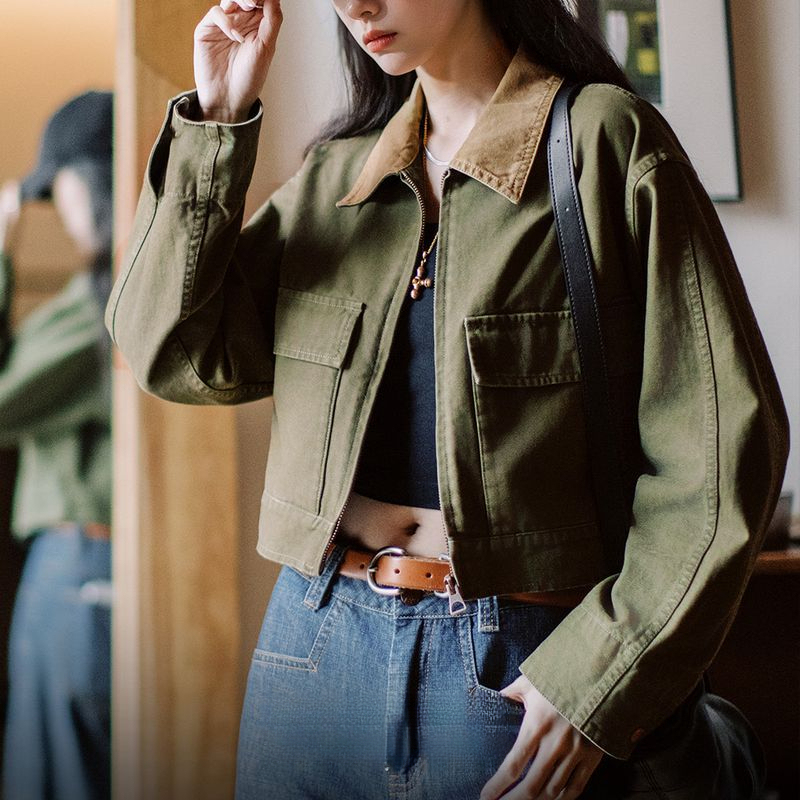 巴恩風撞色帆布獵裝夾克美式工裝外套全棉復古翻領上衣春季女