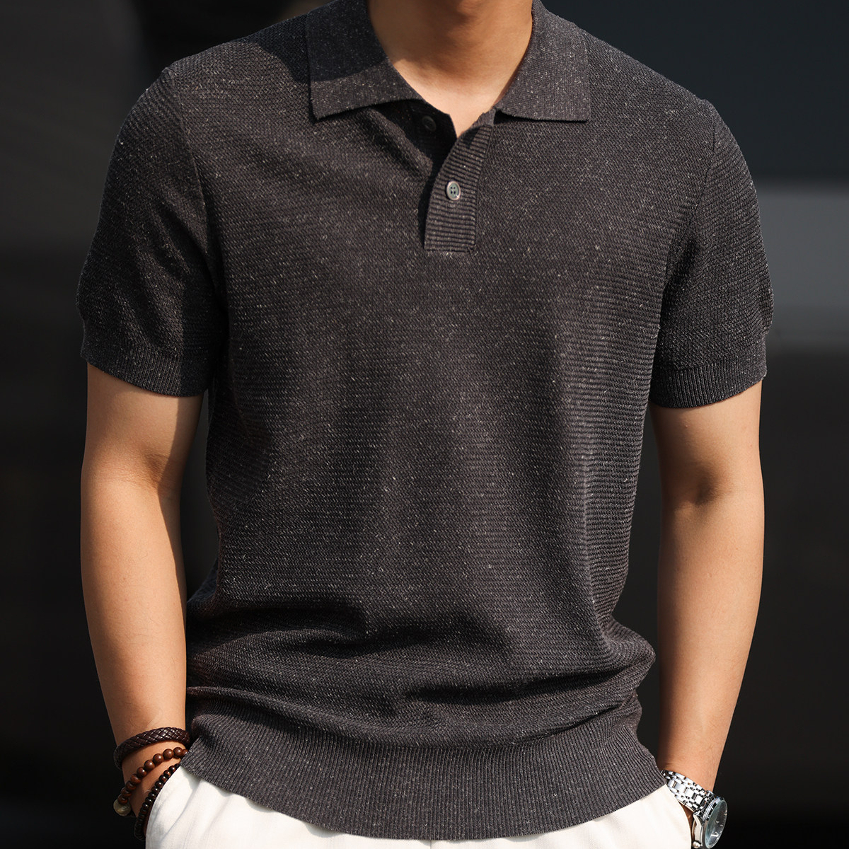 天絲亞麻短袖POLO衫男基礎款透氣休閒萊賽爾針織翻領T恤