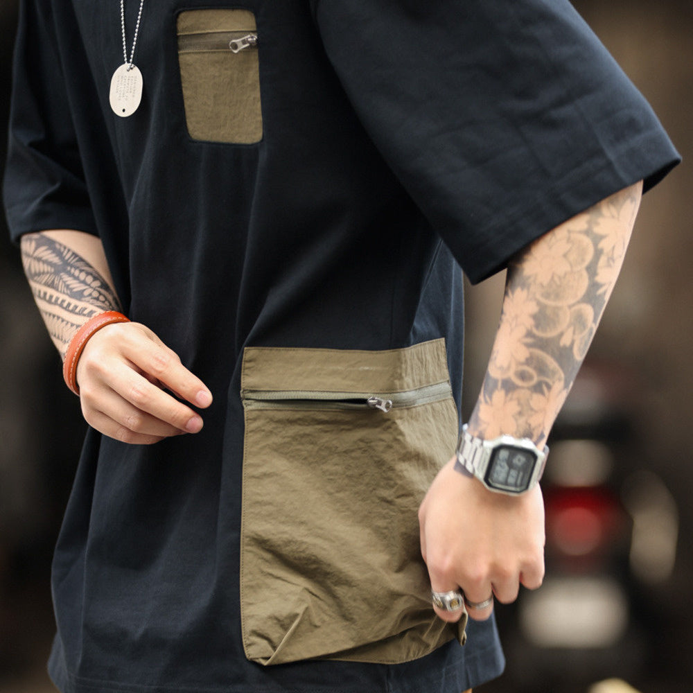 美式復古戶外拉鍊口袋設計短袖T恤男寬鬆撞色拼接機能風TEE-Retro's Wear