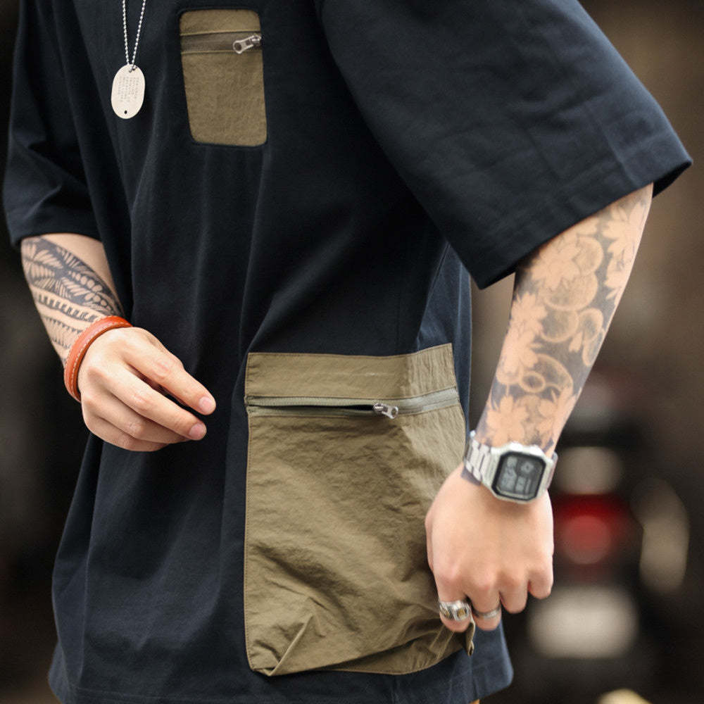 美式復古戶外拉鍊口袋設計短袖T恤男寬鬆撞色拼接機能風TEE-Retro's Wear