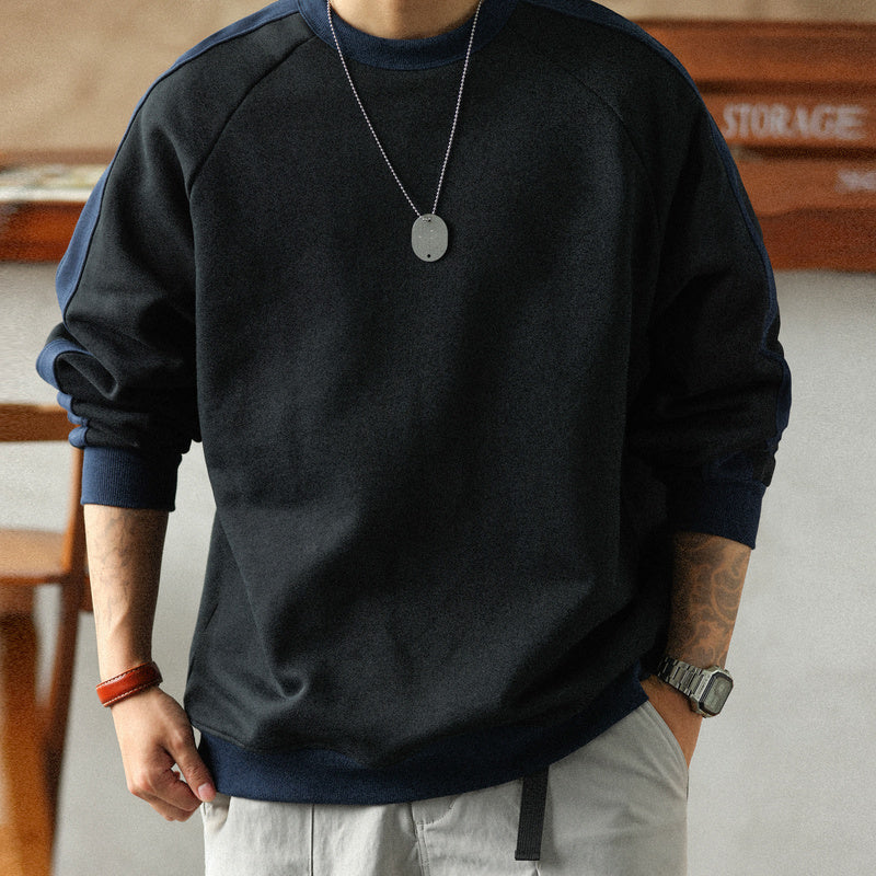 羅紋撞色拼接套頭衛衣男款秋冬480G重磅純棉毛圈休閒外套上衣-Retro's Wear