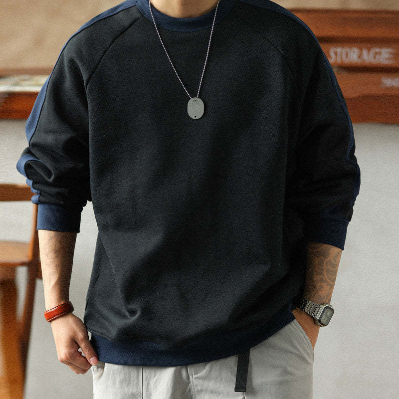 羅紋撞色拼接套頭衛衣男款秋冬480G重磅純棉毛圈休閒外套上衣-Retro's Wear