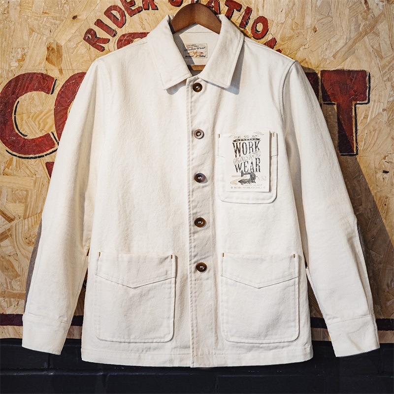 法式復古重磅棉籽殼夾克斜紋純棉翻領燈芯絨拼接外套男秋-Retro's Wear