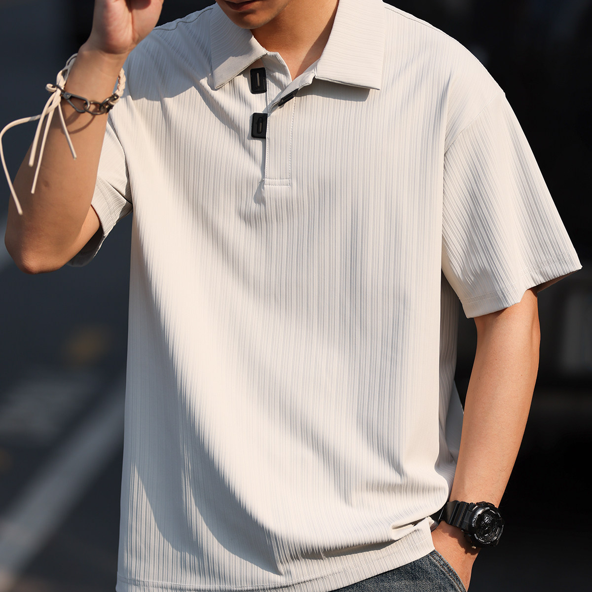 美式休閒凉感速幹POLO衫男寬鬆抗皺豎紋肌理翻領短袖T恤