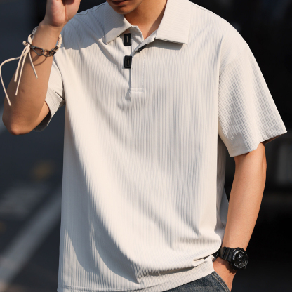 美式休閒凉感速幹POLO衫男寬鬆抗皺豎紋肌理翻領短袖T恤