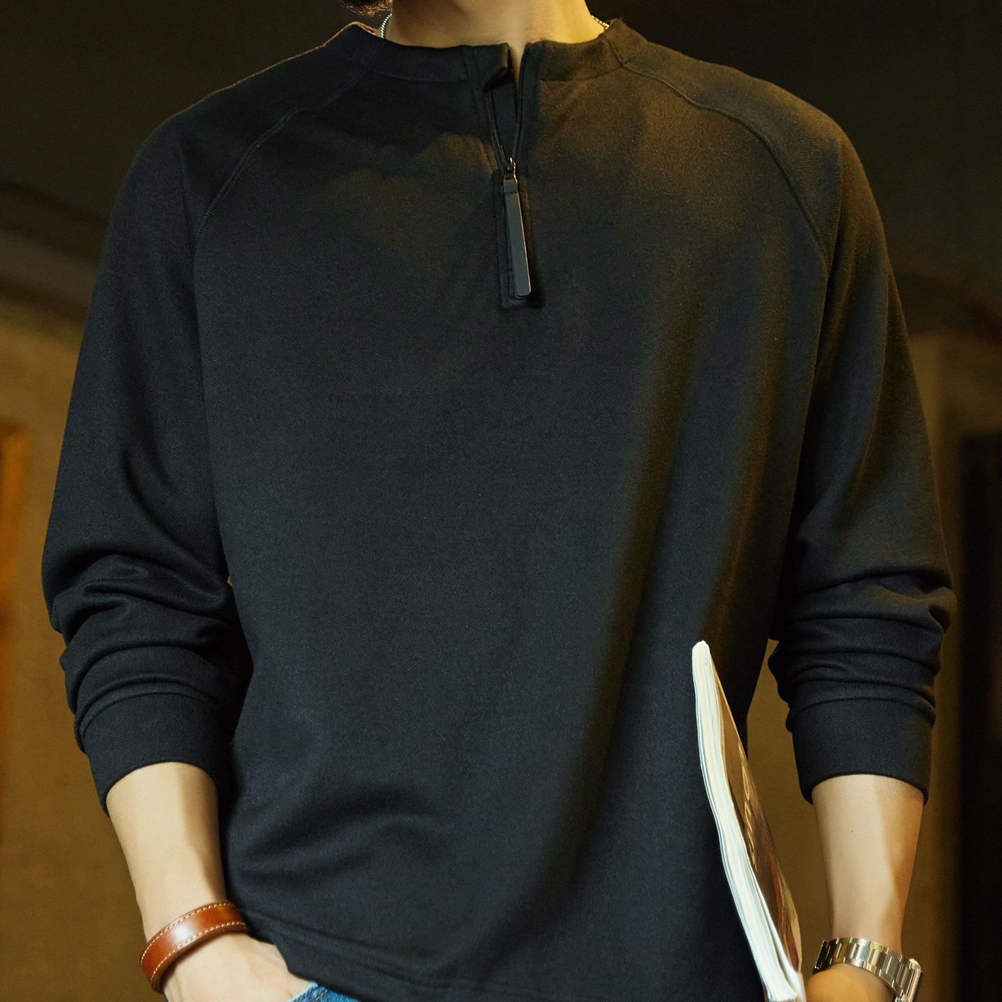 美式復古黑色半拉鍊長袖t恤男2025秋季新款插肩袖打底衫內搭上衣