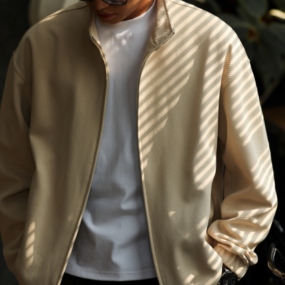 美式休閒斜紋肌理拉鍊立領夾克男落肩百搭寬鬆開衫外套