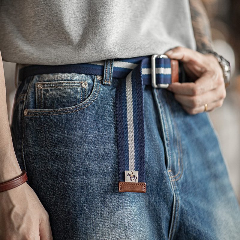復古雙環扣條紋腰帶學院風免打孔鬆緊編織帆布配飾褲帶男-Retro's Wear