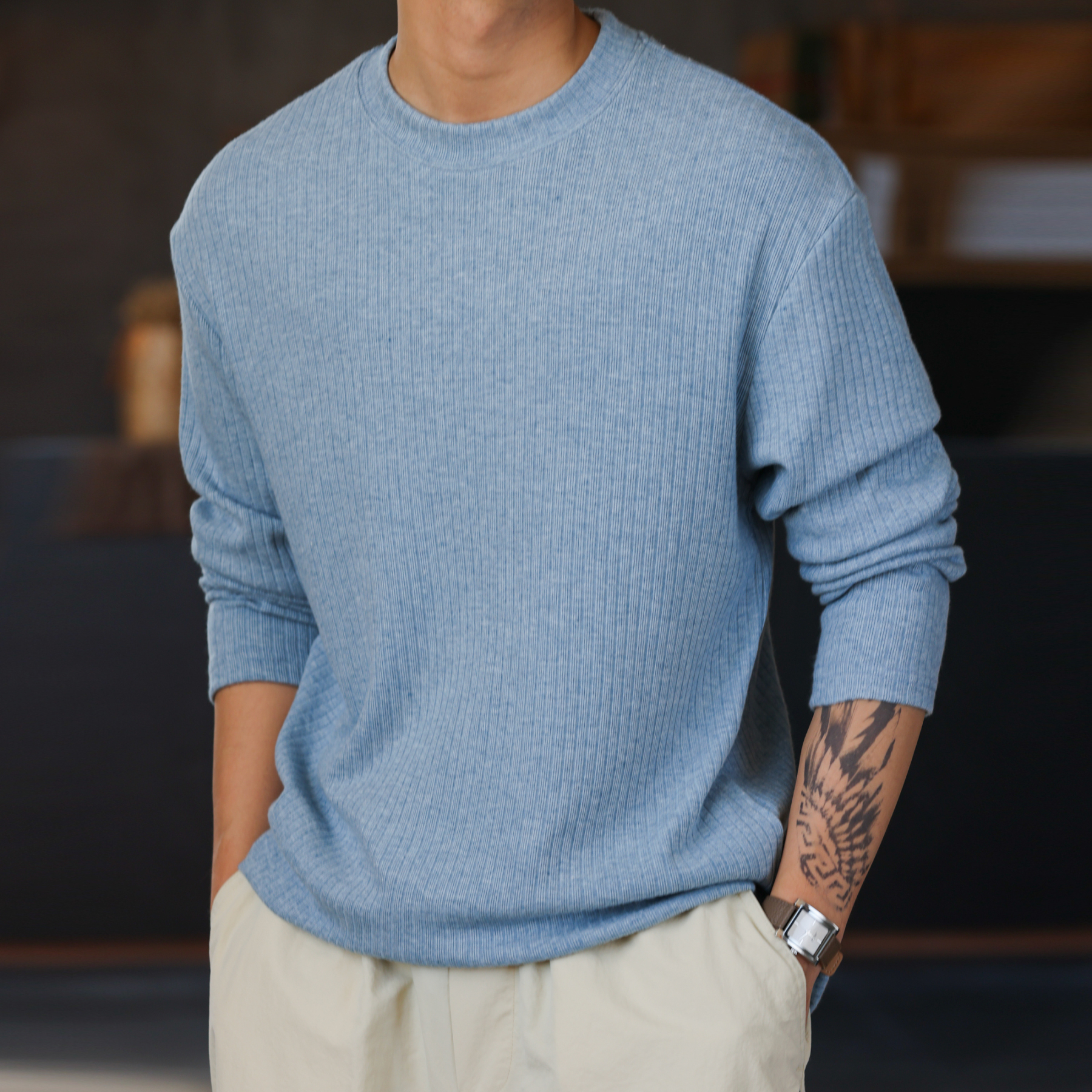 美式坑條肌理感針織T恤男380g重磅彈力暖絨長袖打底TEE