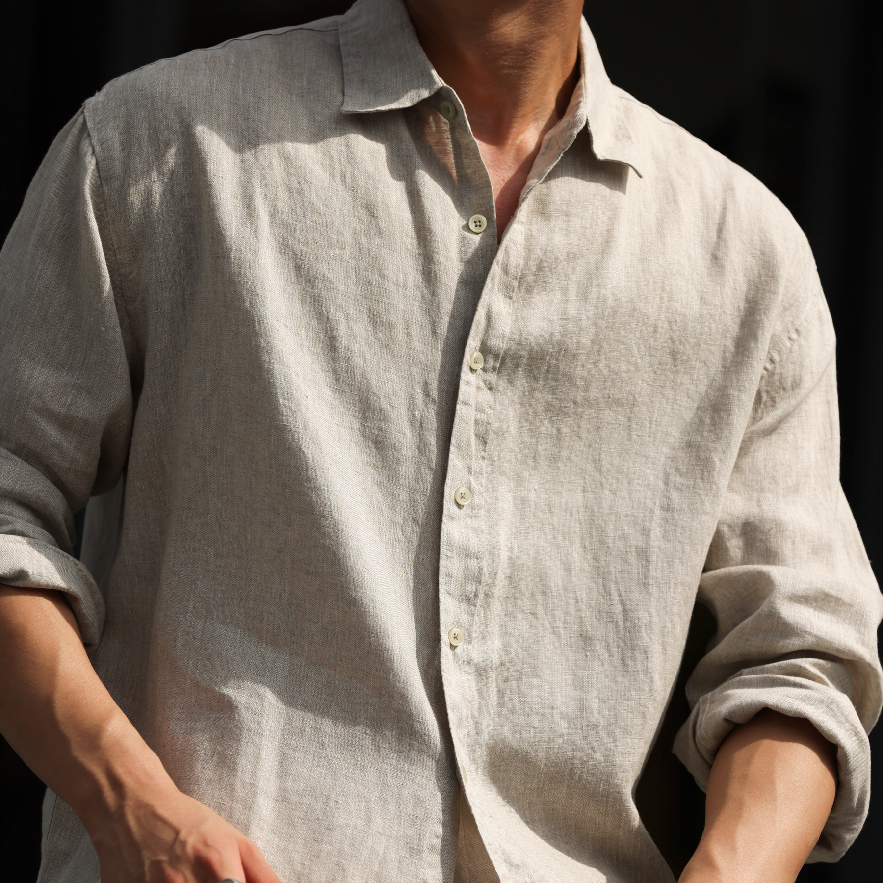 美式休閒100%亞麻長袖襯衫男透氣鬆弛感老錢襯衣外套秋