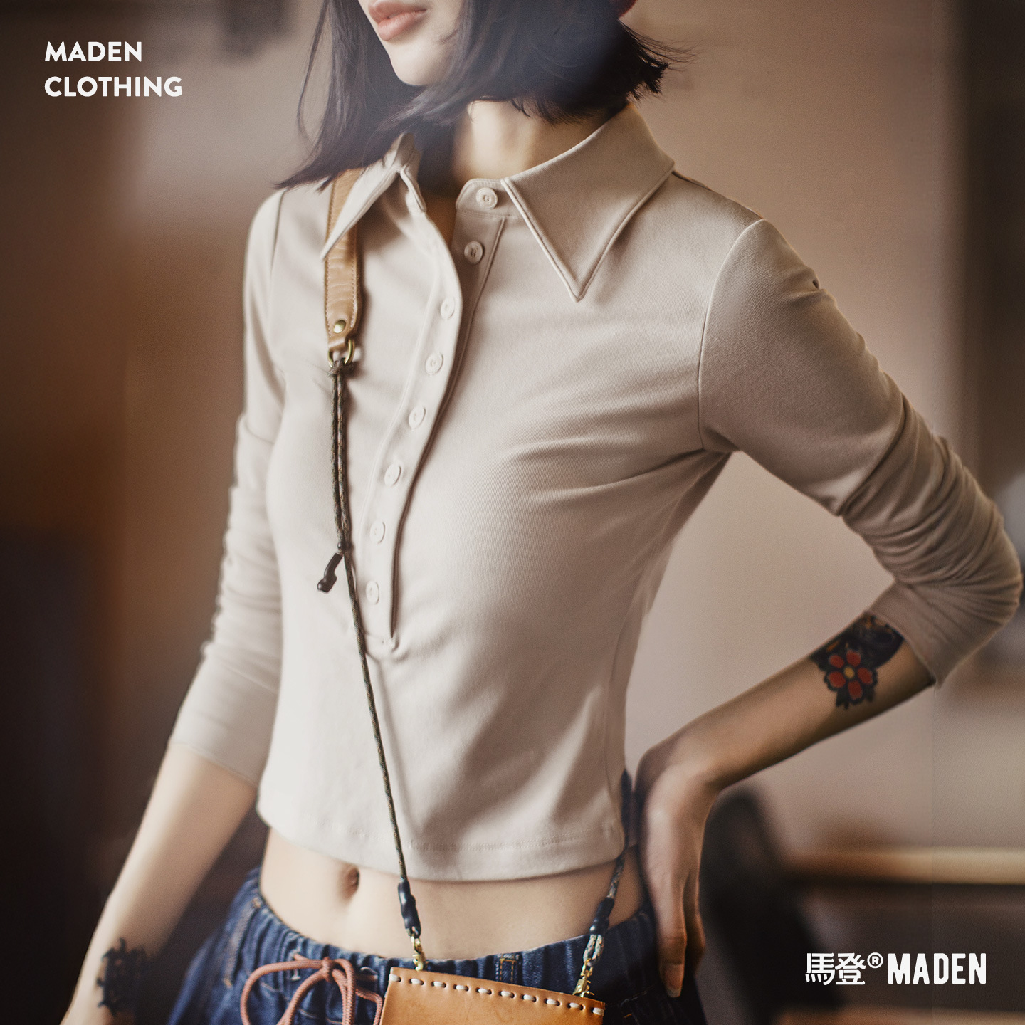 杏色翻領正肩長袖T恤短款修身上衣套頭針織內搭打底衫女士秋