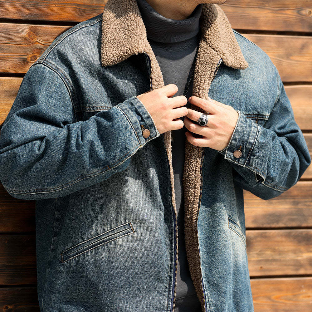 日系復古翻領羊羔絨外套男加絨加厚微闊保暖工裝牛仔夾克冬-Retro's Wear