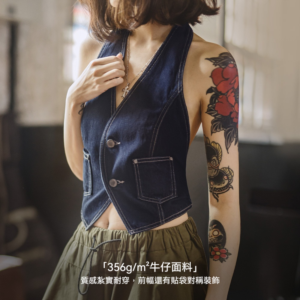 美式疊穿無袖V領背心開衫馬甲修身外穿坎肩露背掛脖短上衣女