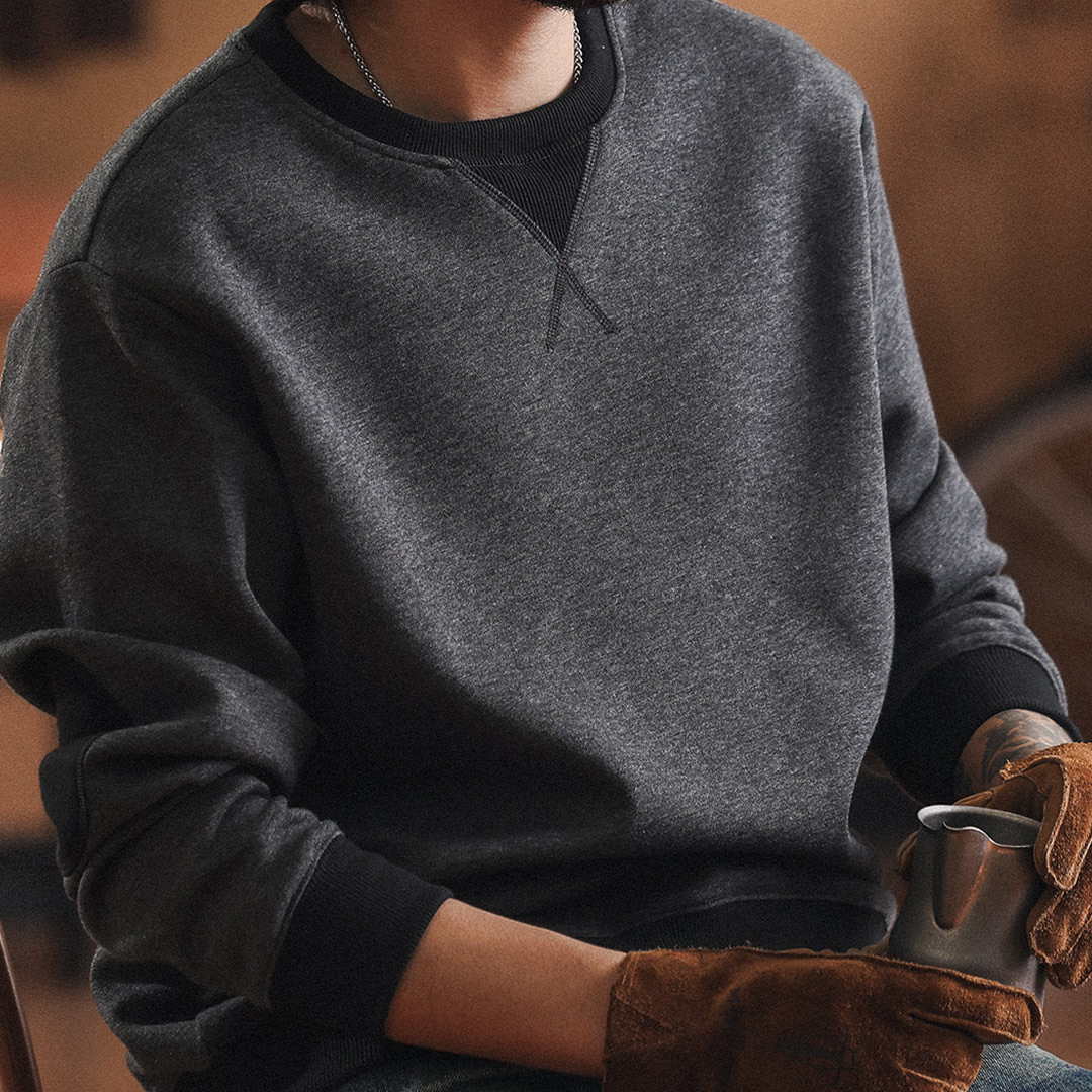 美式復古復古撞色圓領衛衣男2025秋冬加絨寬鬆休閒打底上衣