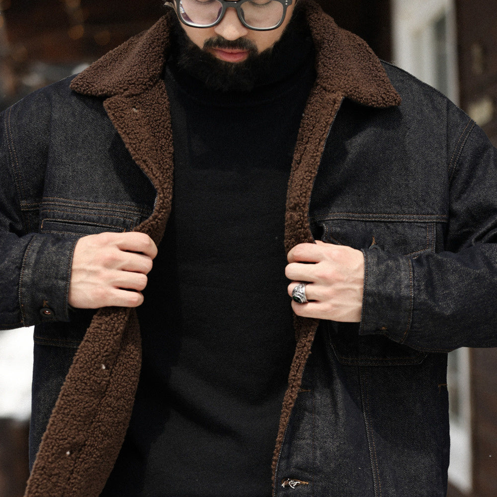 美式復古重磅羊羔絨外套男加絨加厚原色牛仔夾克棉衣冬