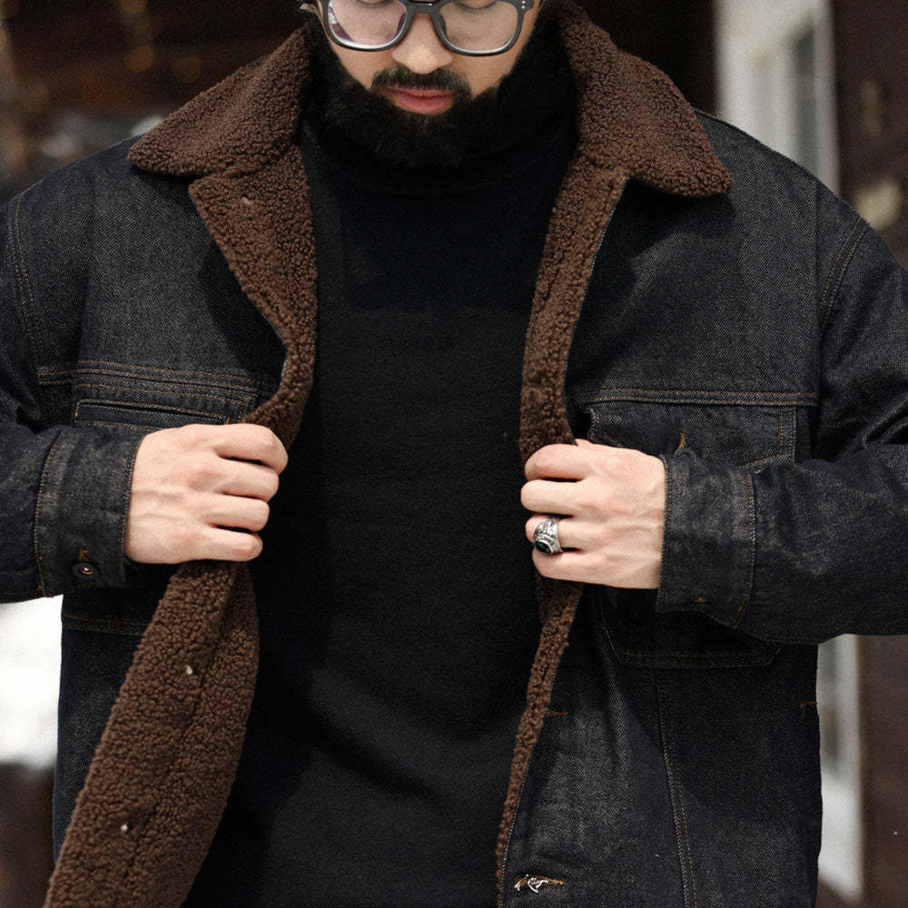美式復古重磅羊羔絨外套男加絨加厚原色牛仔夾克棉衣冬