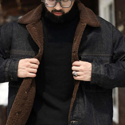 美式復古重磅羊羔絨外套男加絨加厚原色牛仔夾克棉衣冬