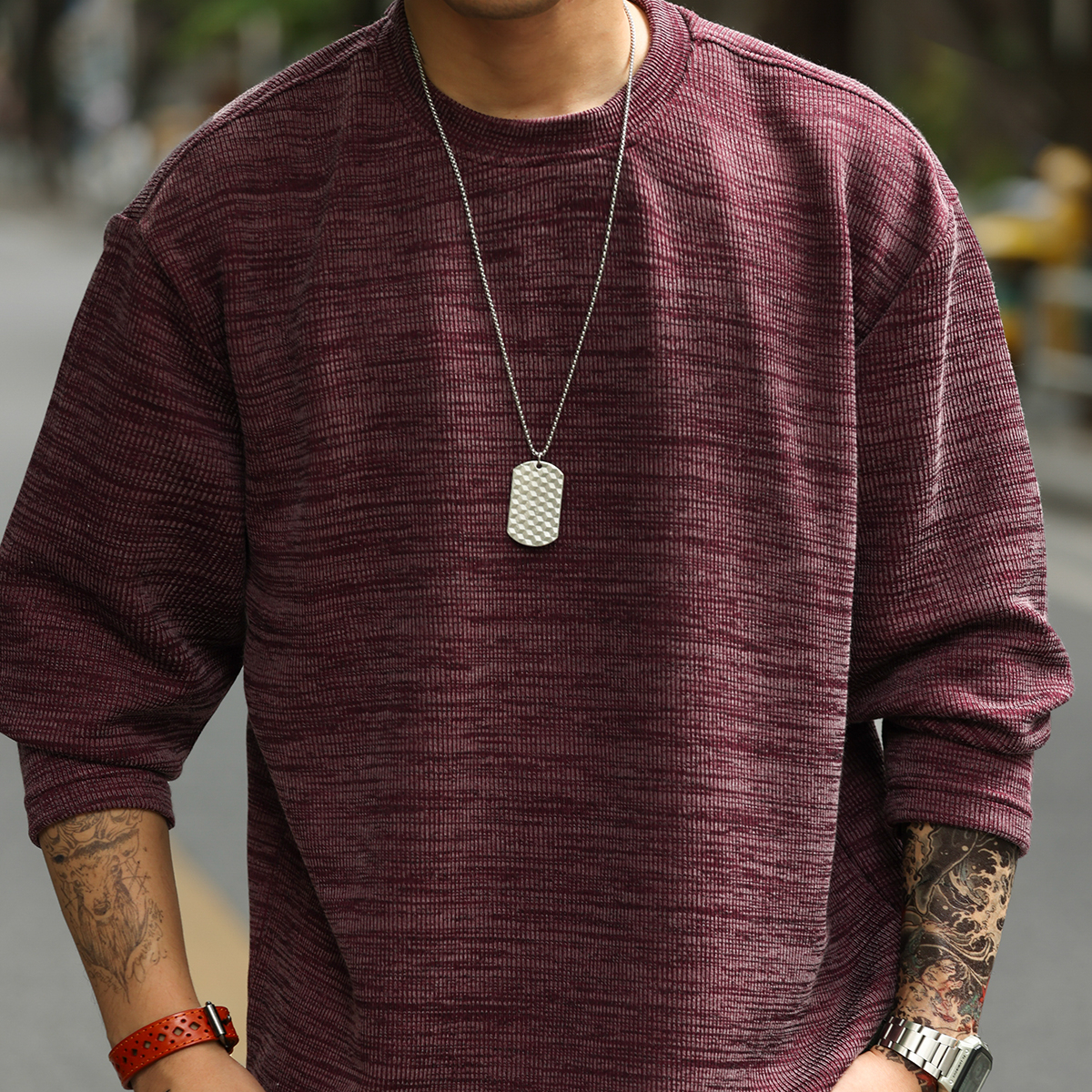 美式復古300g重磅長袖T恤男慵懶感色織紋理休閒打底衫