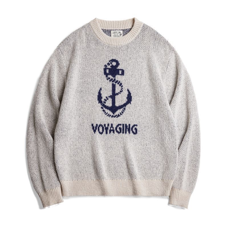 美式復古針織船錨提花毛衣vintage套頭圓領打底衫男秋冬-Retro's Wear