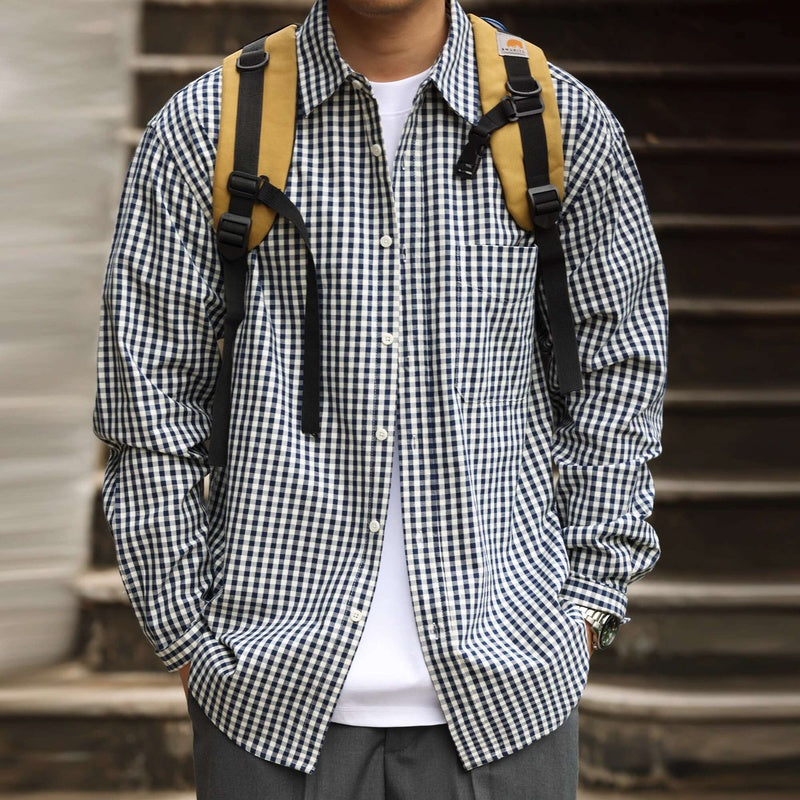 美式休閒175g薄款格子襯衫男寬鬆牛津紡復古長袖疊穿襯衣