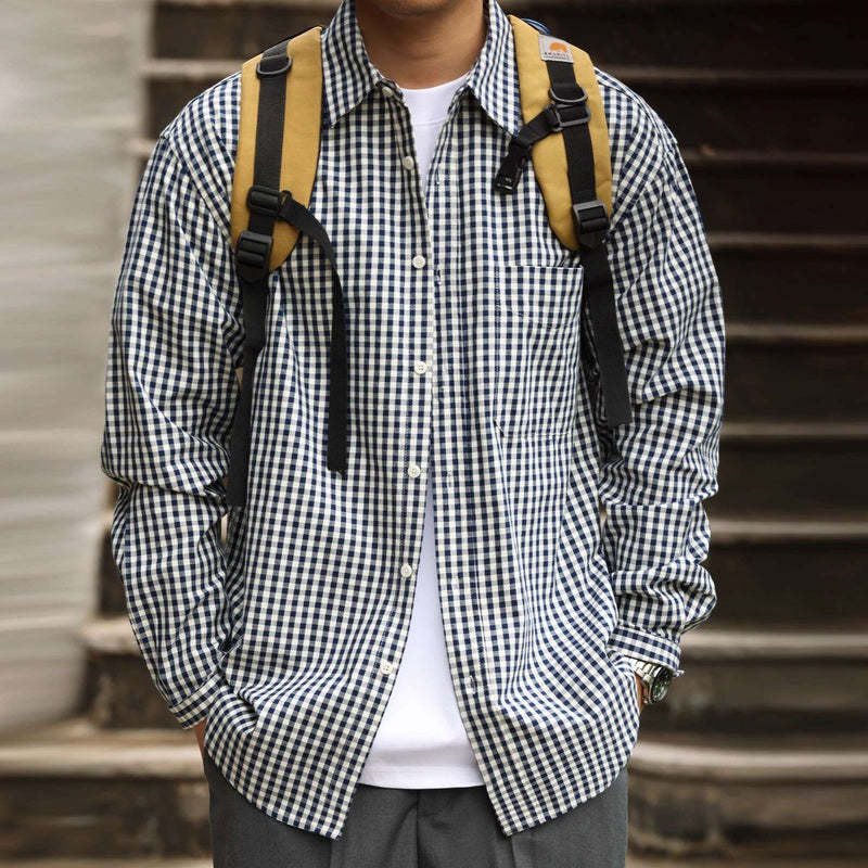 美式休閒175g薄款格子襯衫男寬鬆牛津紡復古長袖疊穿襯衣