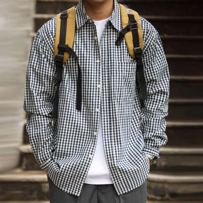 美式休閒175g薄款格子襯衫男寬鬆牛津紡復古長袖疊穿襯衣