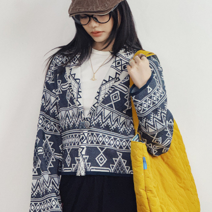 復古納瓦霍西裝翻V領老錢風提花針織毛衣開衫薄短款外套女春