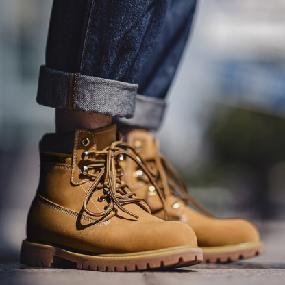秋季新款美式大黃靴男休閒中幫馬丁靴戶外登山靴復古工裝靴子-Retro's Wear