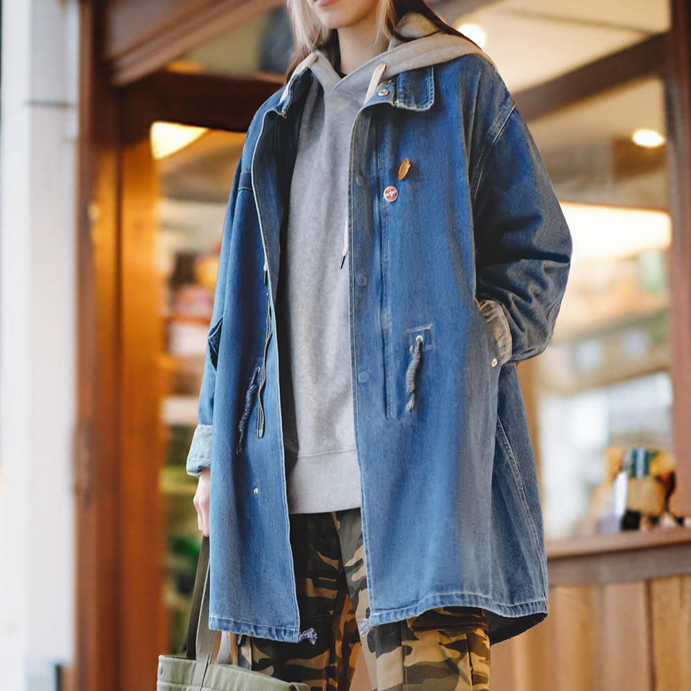 美式復古M65丹寧牛仔外套寬鬆魚尾風衣女外套中長款春秋-Retro's Wear